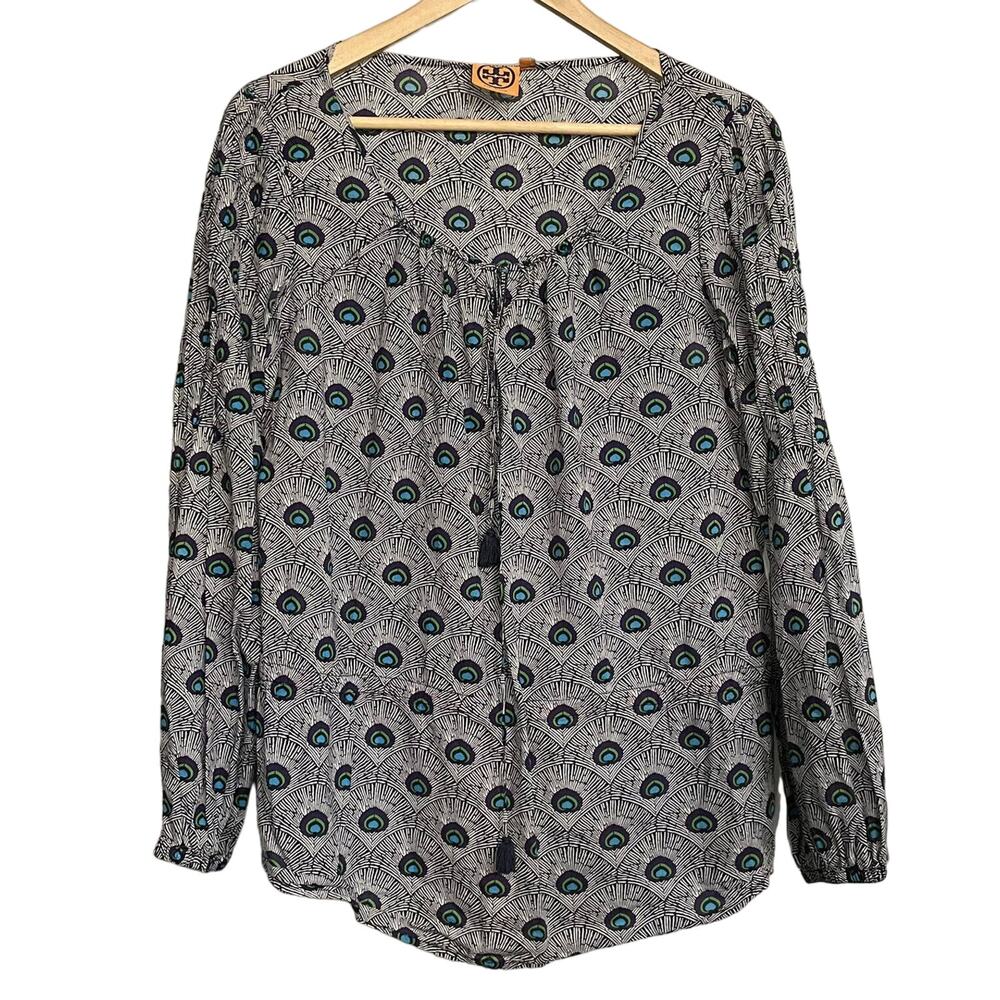 Tory Burch Top Evelina Blue‎ Peacock Print Tunic Blouse Womens Sz 8
